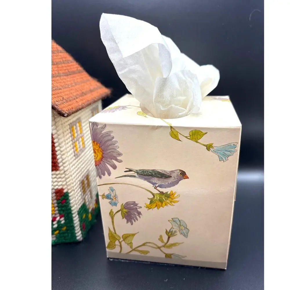 Vintage Yarn Plastic Canvas Tissue Box Cover Cottage House Retro with Tissue Box